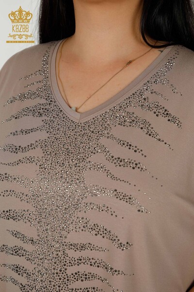 Женская блузка оптом - Вышитая камнем - Норка - 79321 | КАZEE - Thumbnail