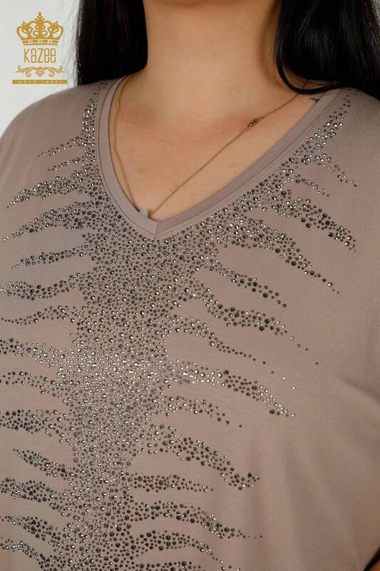 Женская блузка оптом - Вышитая камнем - Норка - 79321 | КАZEE