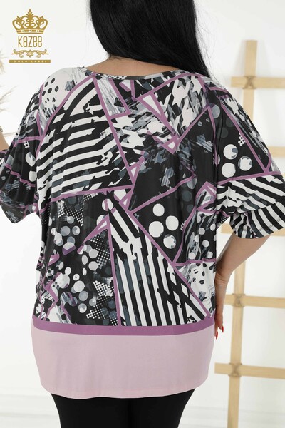 Женская блузка оптом - Вышитая камнем - Розовая - 12052 | КАZEE - Thumbnail