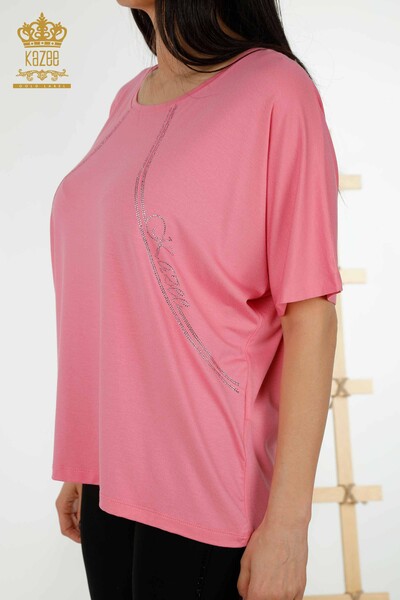 Женская блузка оптом - Вышитая камнем - Розовая - 79295 | КАZEE - Thumbnail