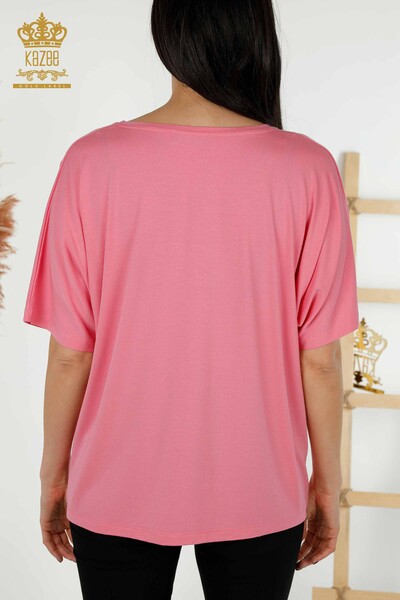 Женская блузка оптом - Вышитая камнем - Розовая - 79295 | КАZEE - Thumbnail
