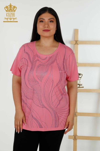 Женская блузка оптом - Вышитая камнем - Розовая - 79329 | КАZEE - Thumbnail
