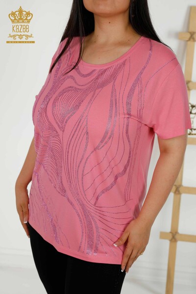 Женская блузка оптом - Вышитая камнем - Розовая - 79329 | КАZEE - Thumbnail