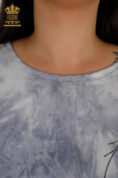 Женская блузка оптом - Вышитая камнем - Серая - 79175 | КАZEE - Thumbnail