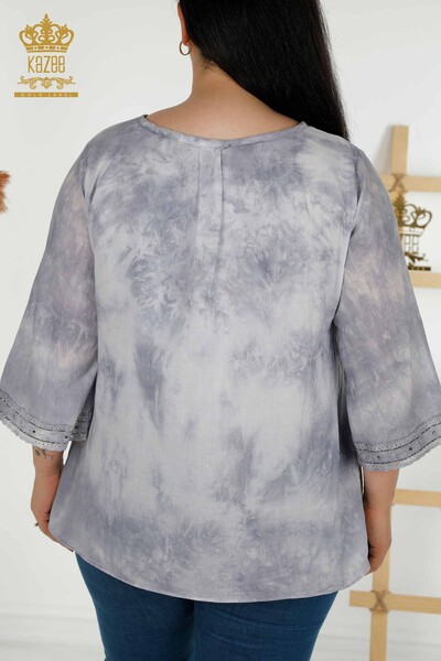 Женская блузка оптом - Вышитая камнем - Серая - 79175 | КАZEE - Thumbnail