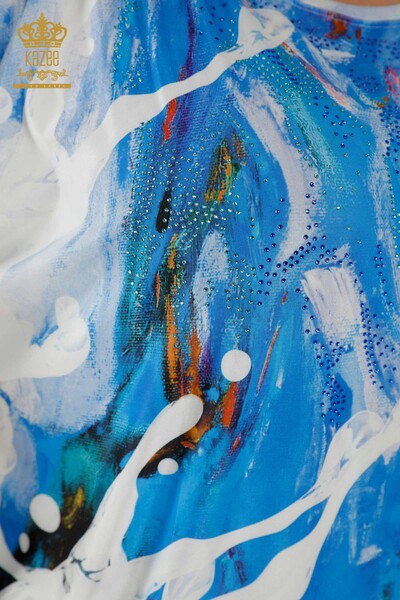 Женская блузка оптом - Вышитая камнем - Синяя - 77000 | КАZEE - 4