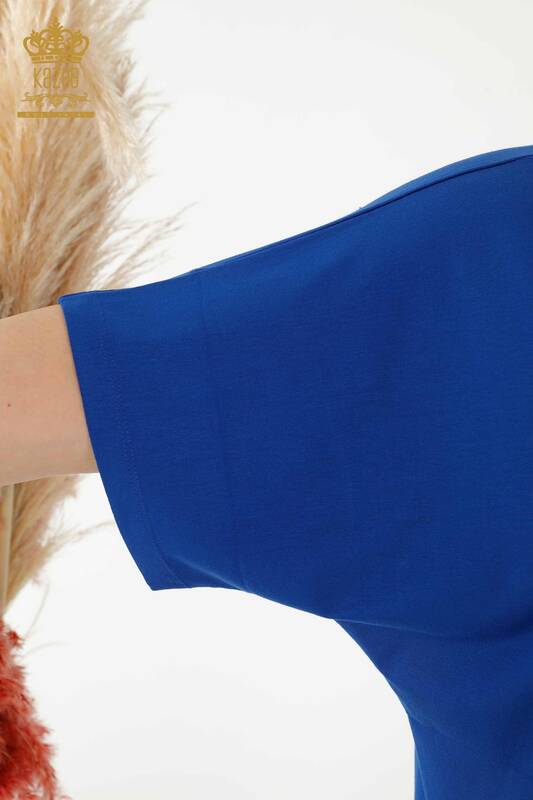 Женская блузка оптом - Вышитая камнем - Темно-синяя - 77713 | КАZEE