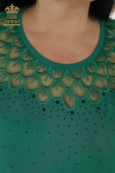 Женская блузка оптом - Вышитая камнем - Узорчатая - Зеленая - 79143 | КАZEE - Thumbnail