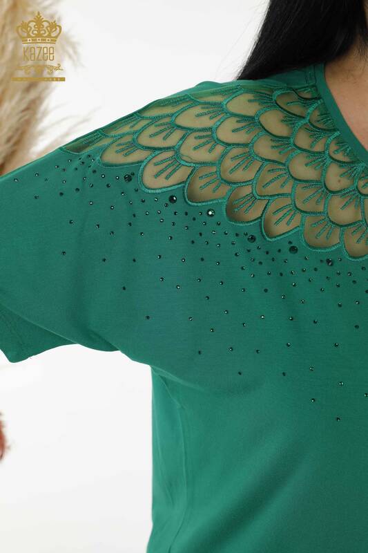Женская блузка оптом - Вышитая камнем - Узорчатая - Зеленая - 79143 | КАZEE