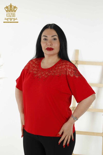 Женская блузка оптом - Вышитая камнем - Узорная - Красная - 79143 | КАZEE - Thumbnail