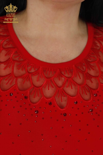 Женская блузка оптом - Вышитая камнем - Узорная - Красная - 79143 | КАZEE - Thumbnail