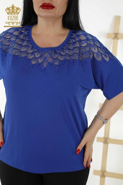 Женская блузка оптом - Вышитая камнем - Узорчатая - Темно-синяя - 79143 | КАZEE - Thumbnail