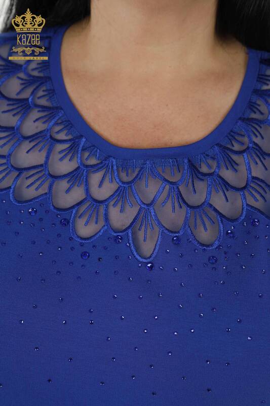 Женская блузка оптом - Вышитая камнем - Узорчатая - Темно-синяя - 79143 | КАZEE