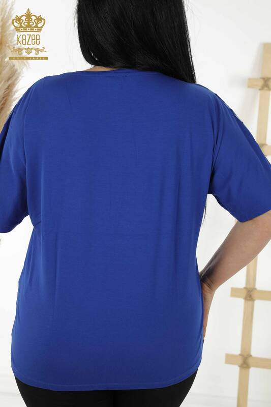 Женская блузка оптом - Вышитая камнем - Узорчатая - Темно-синяя - 79143 | КАZEE