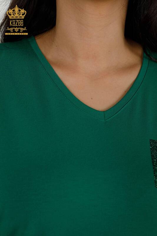 Женская блузка оптом - Вышитая камнем - Зеленая - 77487 | КАZEE