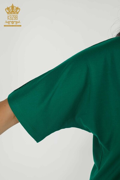 Женская блузка оптом - Вышитая камнем - Зеленая - 77487 | КАZEE - Thumbnail
