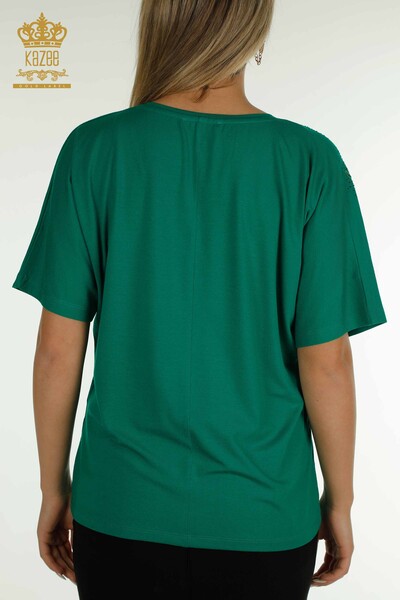 Женская блузка оптом - Вышитая камнем - Зеленая - 79097 | КАZЕЕ - Thumbnail