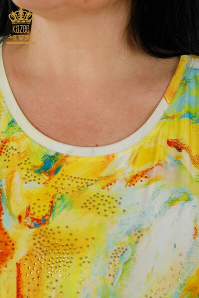 Женская блузка оптом - Вышитая камнем - Желтая - 77000 | КАZEE - Thumbnail