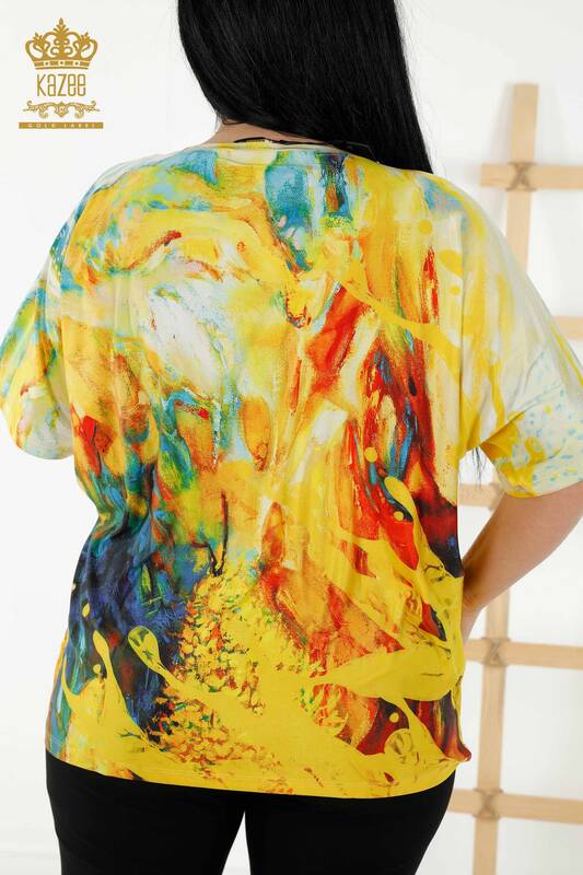 Женская блузка оптом - Вышитая камнем - Желтая - 77000 | КАZEE