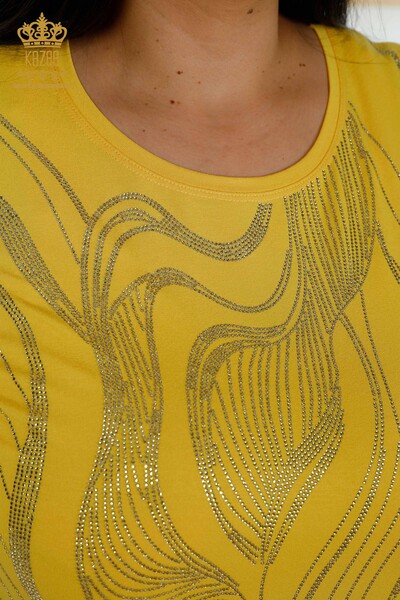 Женская блузка оптом - Вышитая камнем - Желтая - 79329 | КАZEE - Thumbnail