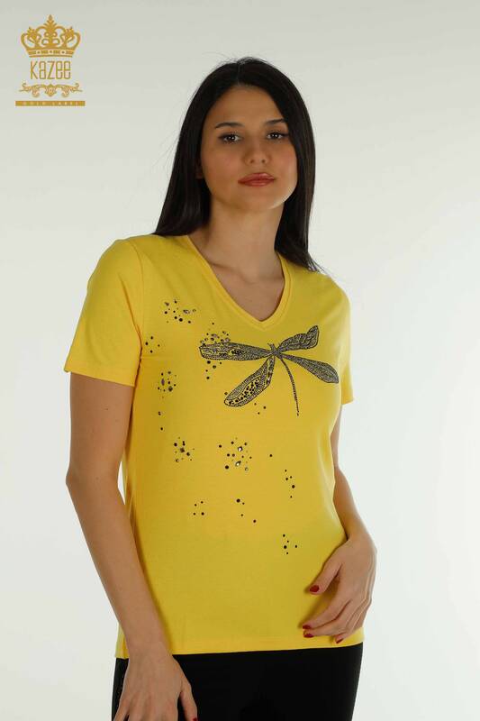 Женская блузка оптом - Вышитая камнем - Желтая - 79362 | КАZEE