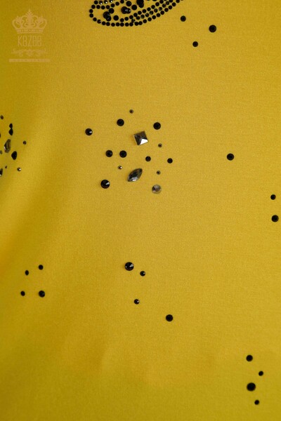 Женская блузка оптом - Вышитая камнем - Желтая - 79362 | КАZEE - Thumbnail