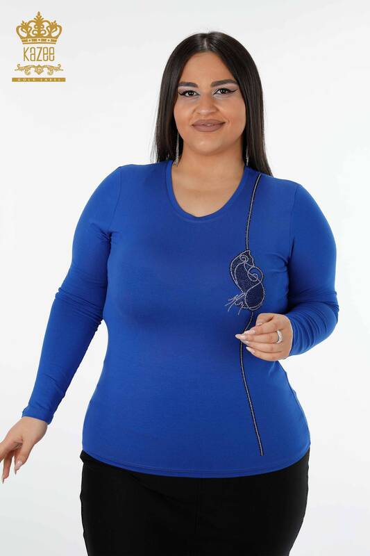 оптом женская блузка вышитая камнем с круглым вырезом темно-синяя - 79000 | КАZЕЕ