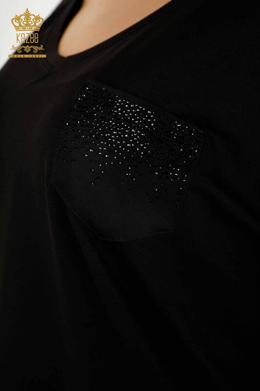 женская блузка оптом - карман с вышивкой камнями - черный - 79195 | КАZEE