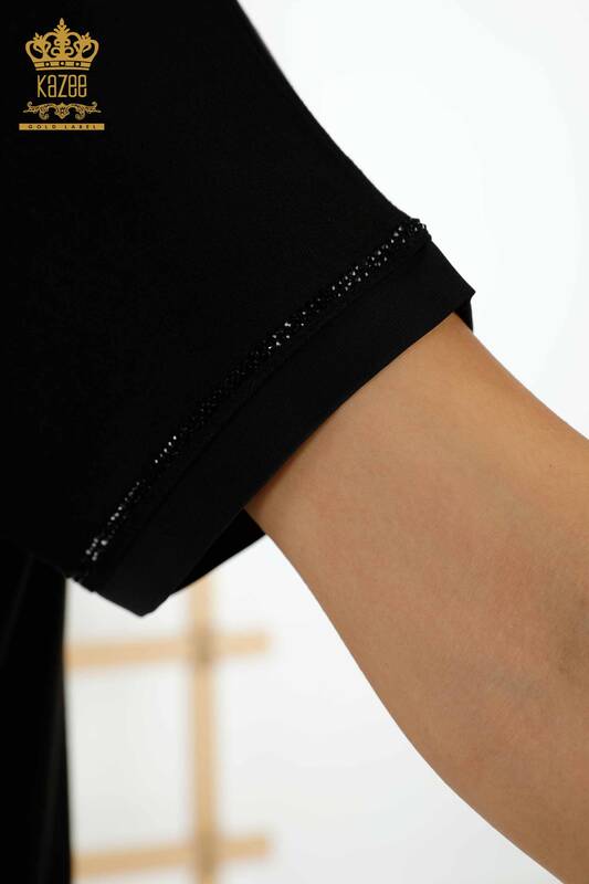 женская блузка оптом - карман с вышивкой камнями - черный - 79195 | КАZEE