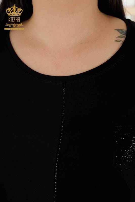 женская блузка оптом - карман с вышивкой камнями - черный - 79222 | КАZEE