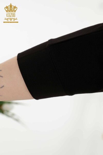 женская блузка оптом - карман с вышивкой камнями - черный - 79222 | КАZEE - 6