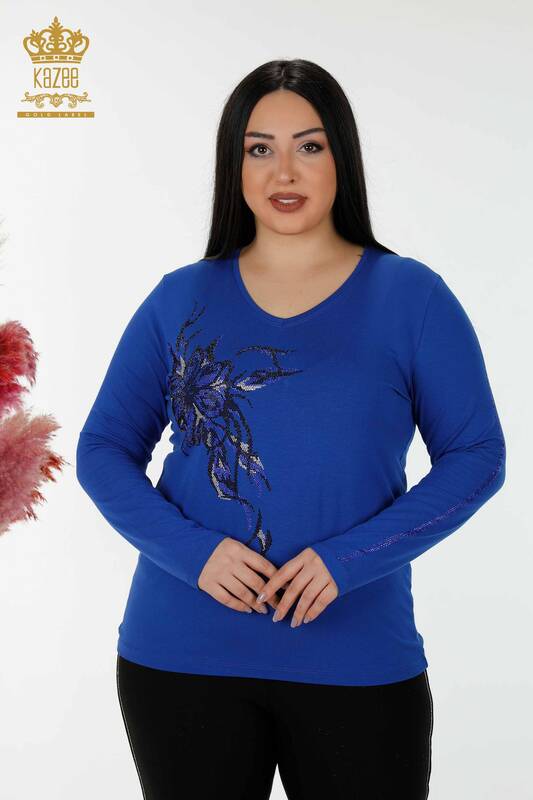 женская блузка оптом вышитая хрустальным камнем темно-синяя - 79048 | КАZEE