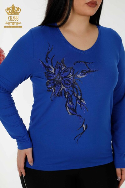 женская блузка оптом вышитая хрустальным камнем темно-синяя - 79048 | КАZEE - Thumbnail