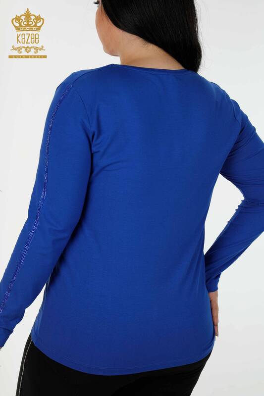 женская блузка оптом вышитая хрустальным камнем темно-синяя - 79048 | КАZEE