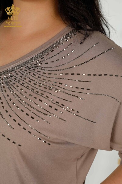 Женская блузка оптом - Кристалл Вышитый камень - Норка - 79328 | КАZEE - Thumbnail