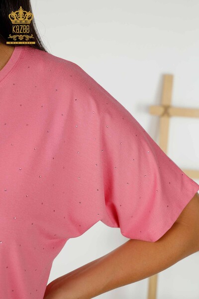 Женская блузка оптом - Кристалл Вышитый камень - Розовый - 79389 | КАZEE - Thumbnail