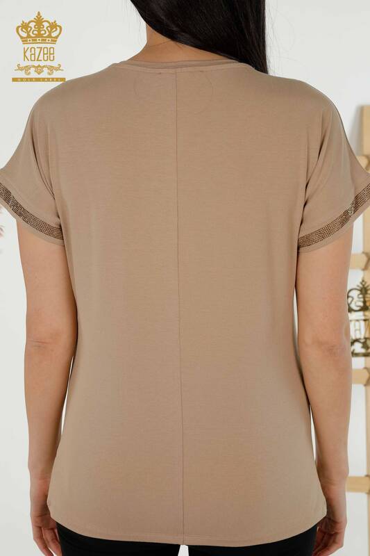 Женская блузка оптом - Леопард Вышитый камень - Бежевый - 79066 | КАZEE