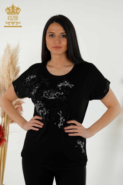 Женская блузка оптом - Леопард Вышитый камень - Черный - 79066 | КАZEE - Thumbnail