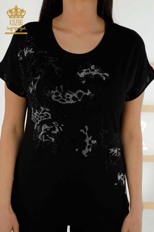 Женская блузка оптом - Леопард Вышитый камень - Черный - 79066 | КАZEE