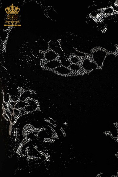 Женская блузка оптом - Леопард Вышитый камень - Черный - 79066 | КАZEE - Thumbnail