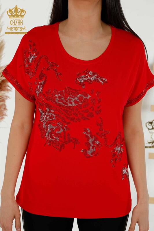 Женская блузка оптом - Леопард Вышитый камень - Красный - 79066 | КАZEE