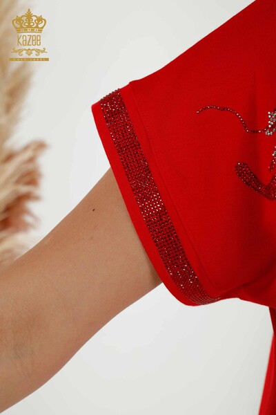 Женская блузка оптом - Леопард Вышитый камень - Красный - 79066 | КАZEE - Thumbnail