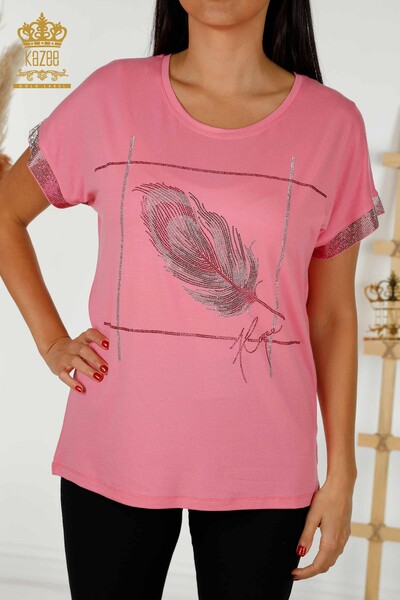 Розовая женская блузка с узором в виде листьев - 78878 | КАZЕЕ - Thumbnail