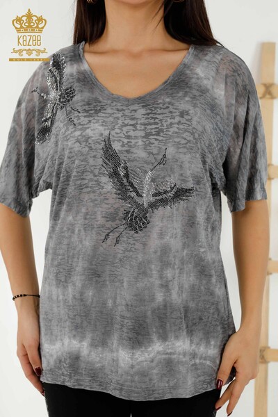 Женская блузка оптом - Узор с птицей - Антрацит - 79124 | КAZEE - Thumbnail
