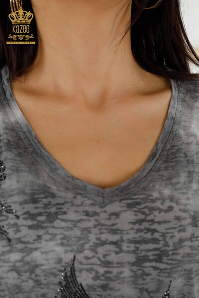 Женская блузка оптом - Узор с птицей - Антрацит - 79124 | КAZEE - Thumbnail