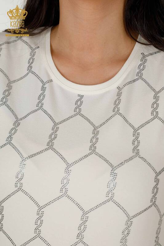 женская блузка оптом - с коротким рукавом - с рисунком - экрю - 79304 | КАZEE