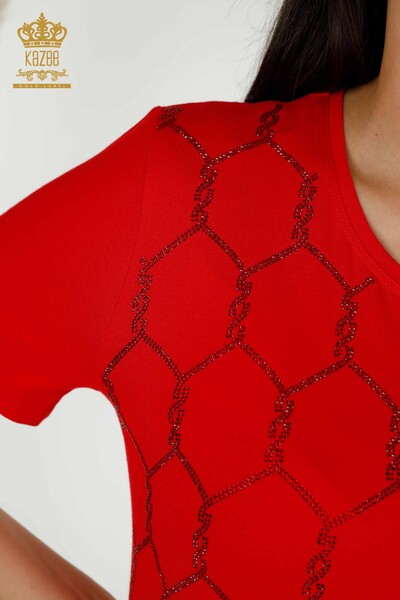 женская блузка оптом - с коротким рукавом - с рисунком - красная - 79304 | КАZEE - Thumbnail