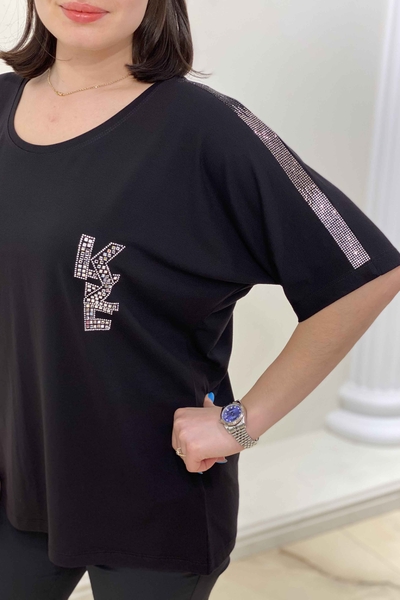 женская блузка оптом с круглым вырезом блестящий камень - 77485 | Каzee - Thumbnail