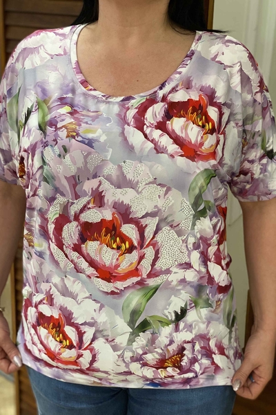 женская блузка оптом с круглым вырезом с цифровым принтом - 7450 | Каzee - Thumbnail