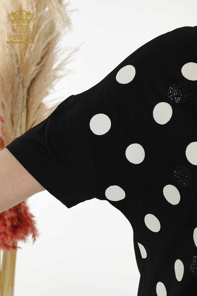 женская блузка оптом - с рисунком - с коротким рукавом - черный - 79060 | КАZEE - Thumbnail